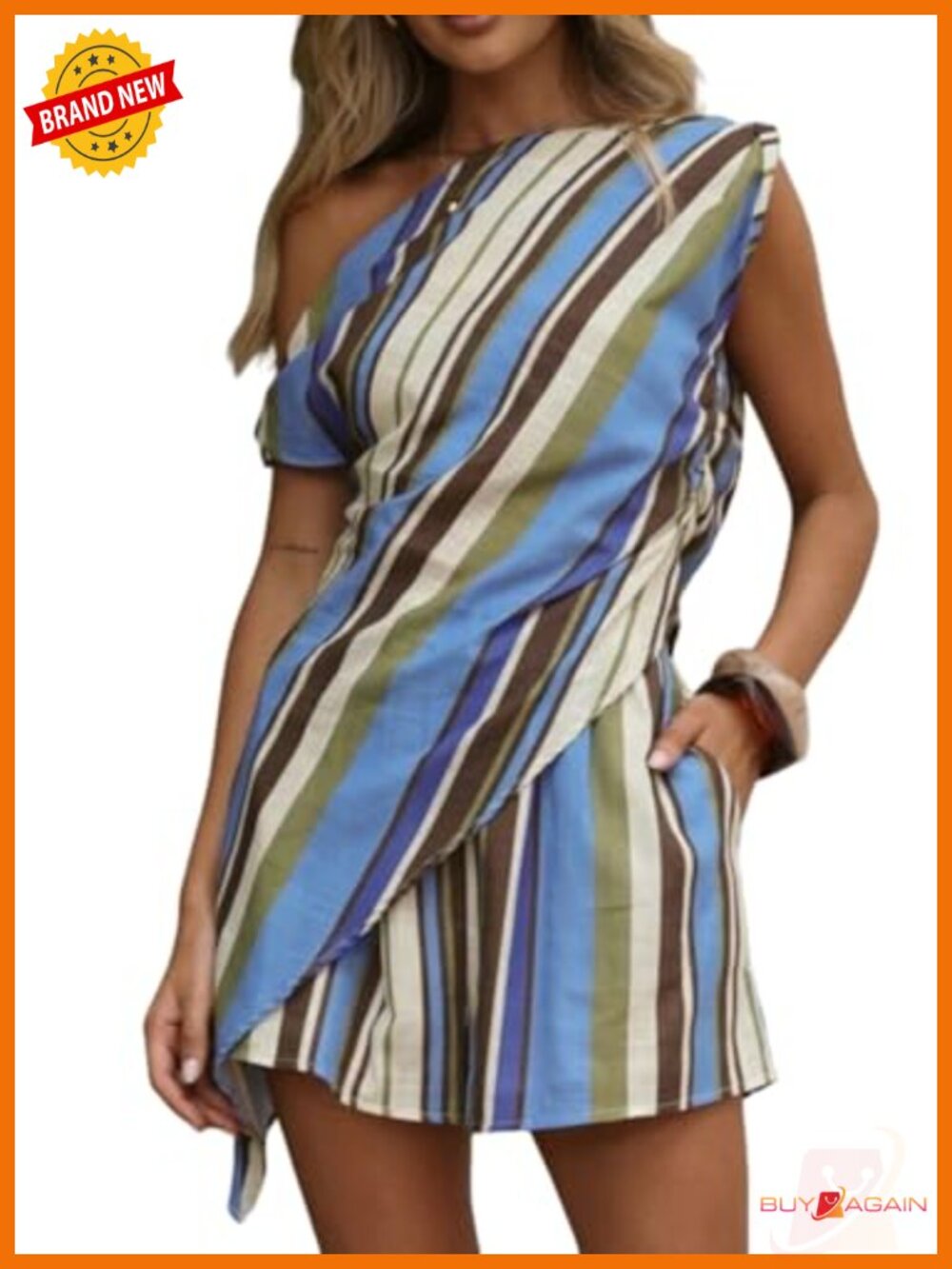 One Shoulder Top and Shorts Set Polyester Women's Outfit